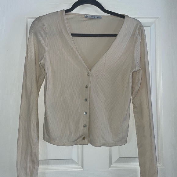 Mango Tops - Mango Beige Ribbed Button-Down V-Neck Top